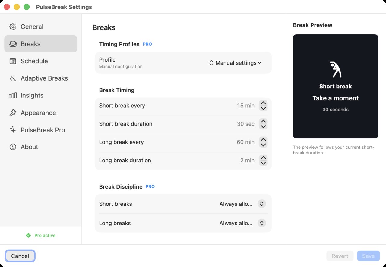 PulseBreak Settings on macOS with break timing, discipline, schedules, adaptive breaks, insights, and appearance controls