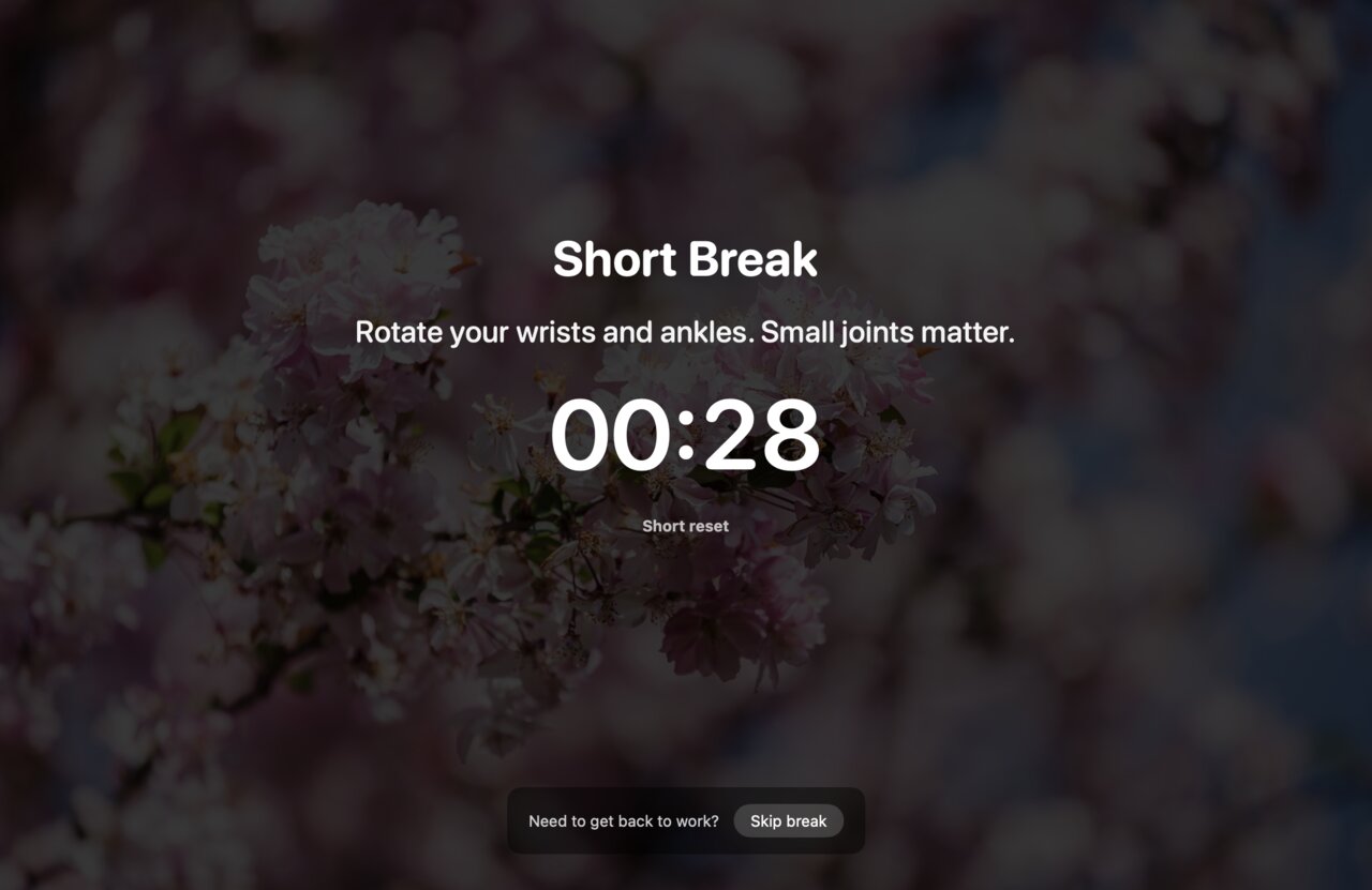 PulseBreak short break screen with a wrist and ankle stretch prompt and a 28-second countdown